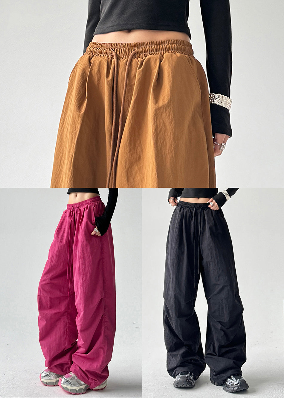 Black Oversized Elastic Waist Cotton Pants Spring