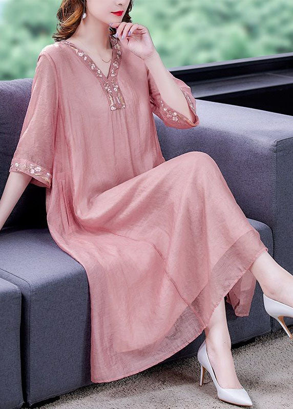Pink V Neck Embroideried Cotton Vacation Dresses Summer