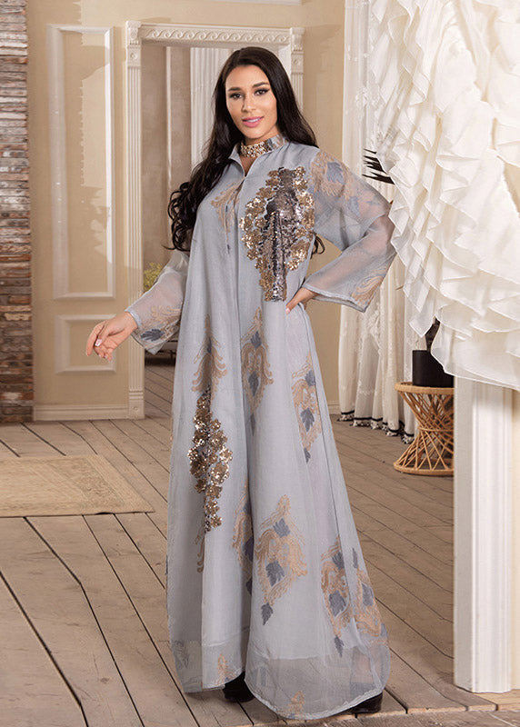 White Stand Collar Embroideried Sequins Tulle Maxi Dresses Long Sleeve Spring
