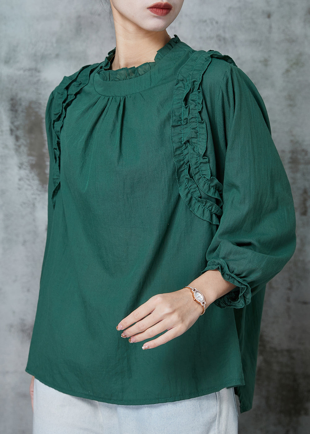 Blackish Green Ruffled Cotton Shirts Spring