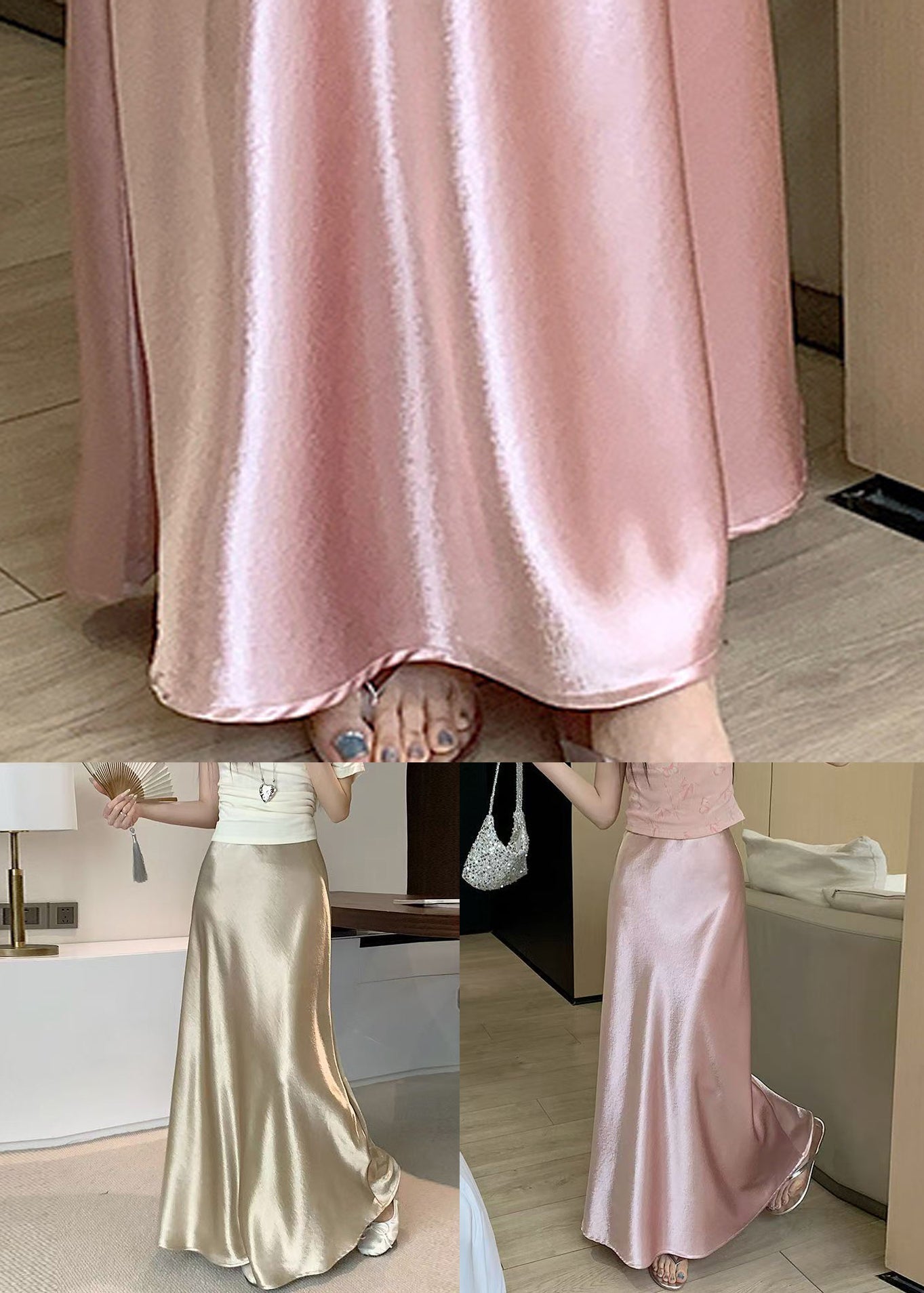 Pink Original Design Silk Skirts High Waist