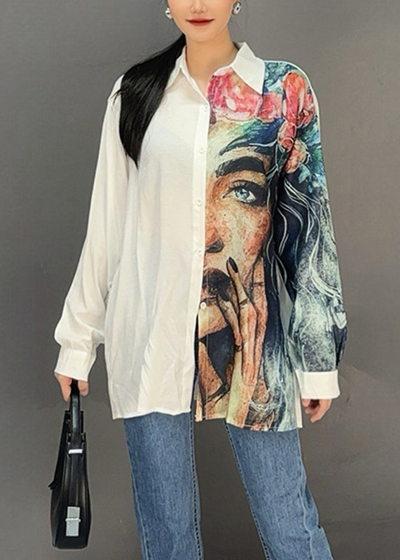 White Peter Pan Collar Print Shirt Spring