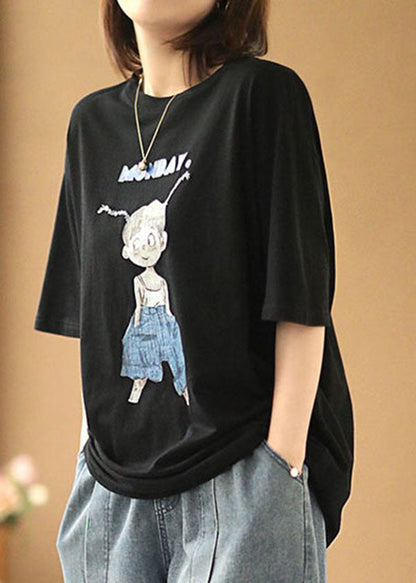 Black O-neck Print Oversized Cotton Tanks Short Sleeve