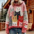 Women's Colorful Cats Pattern Cozy Knit Hooded Sweater elevenforest