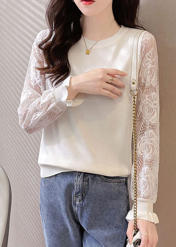 White O-neck Hollow Out Tops Long Sleeve