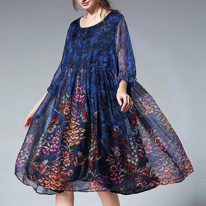 Unique Blue Print Tunic Pattern O Neck Cinched Summer Dresses