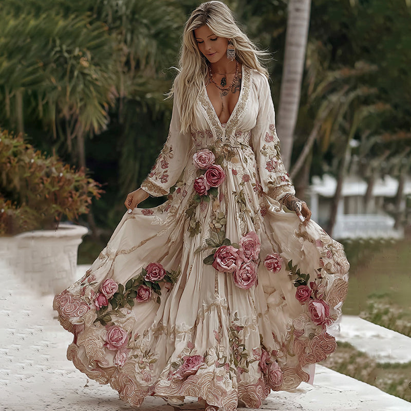 Women's Vintage Rose Floral Embroidery Art Casual V Neck Maxi Dress artswardrobe