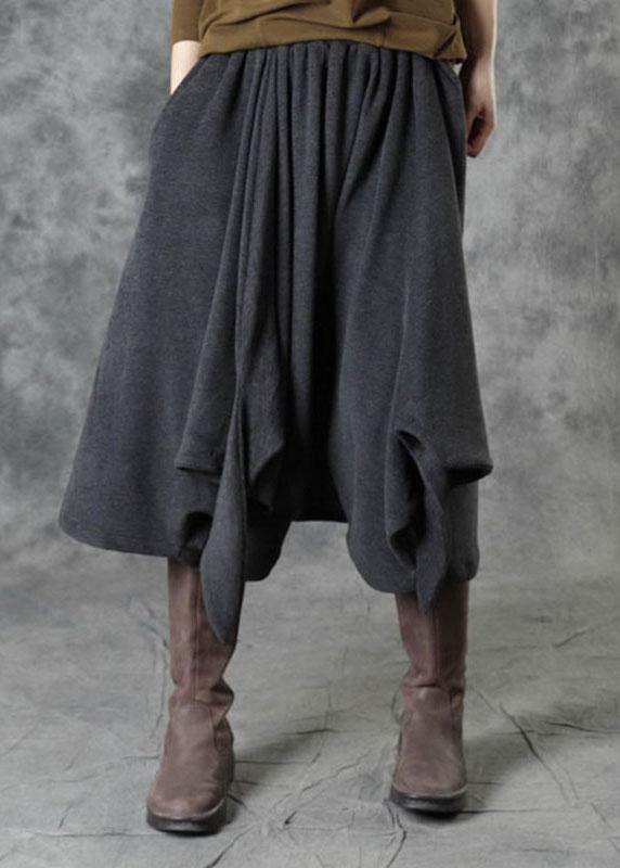 Black Elastic Waist Asymmetrical Design Fall Pants