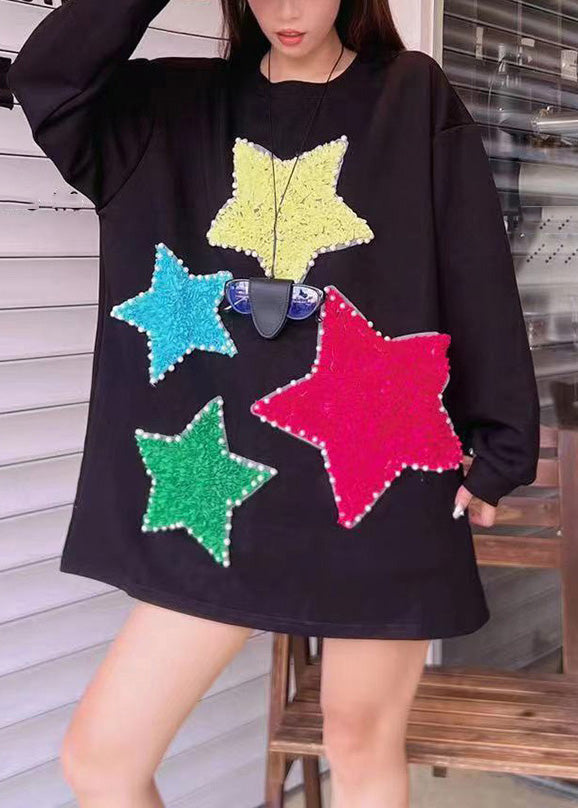 Italian Black O-neck Nail Bead Patchwork Sweatshirts Fall