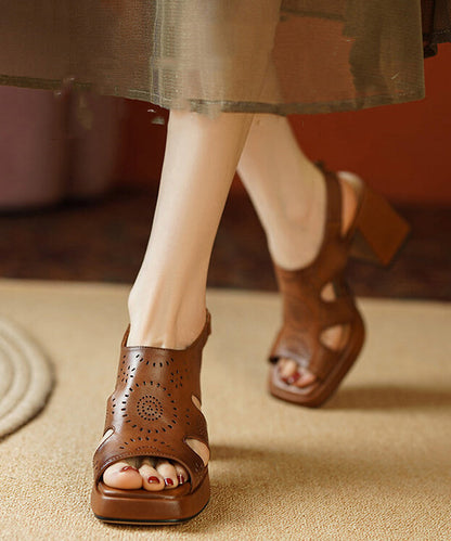 Brown Peep Toe Hollow Out Cowhide Leather Platform Chunky Sandals