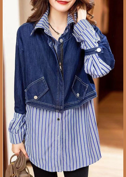 Fine Blue Button Peter Pan Collar Denim Patchwork Striped Shirts Spring
