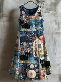 Comstylish Black Cats Embroidered Cottage Floral Textile Linen Tank Dress