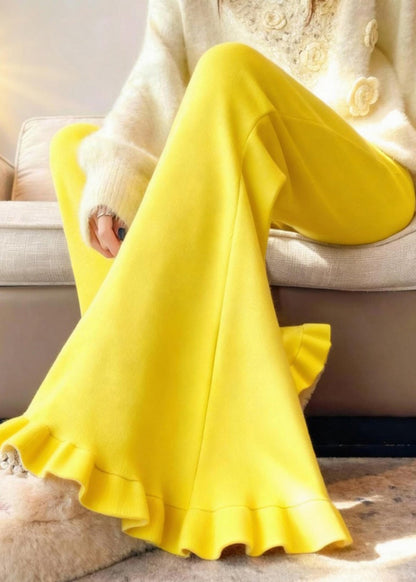 Yellow Ruffled Silm Fit Cotton Flared Trousers Winter