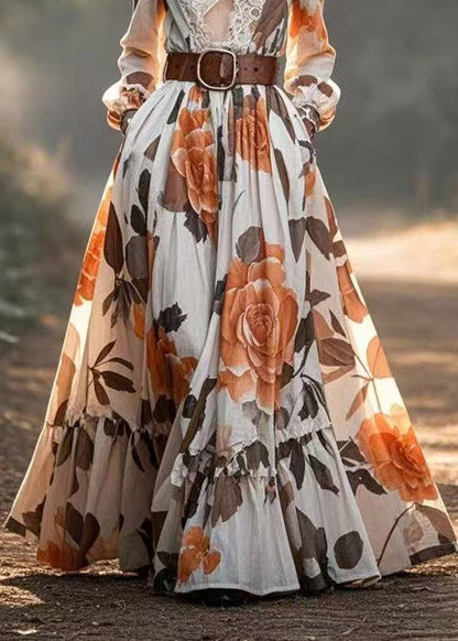Style V Neck Patchwork Lace Print Cinched Vestidos Dress Spring