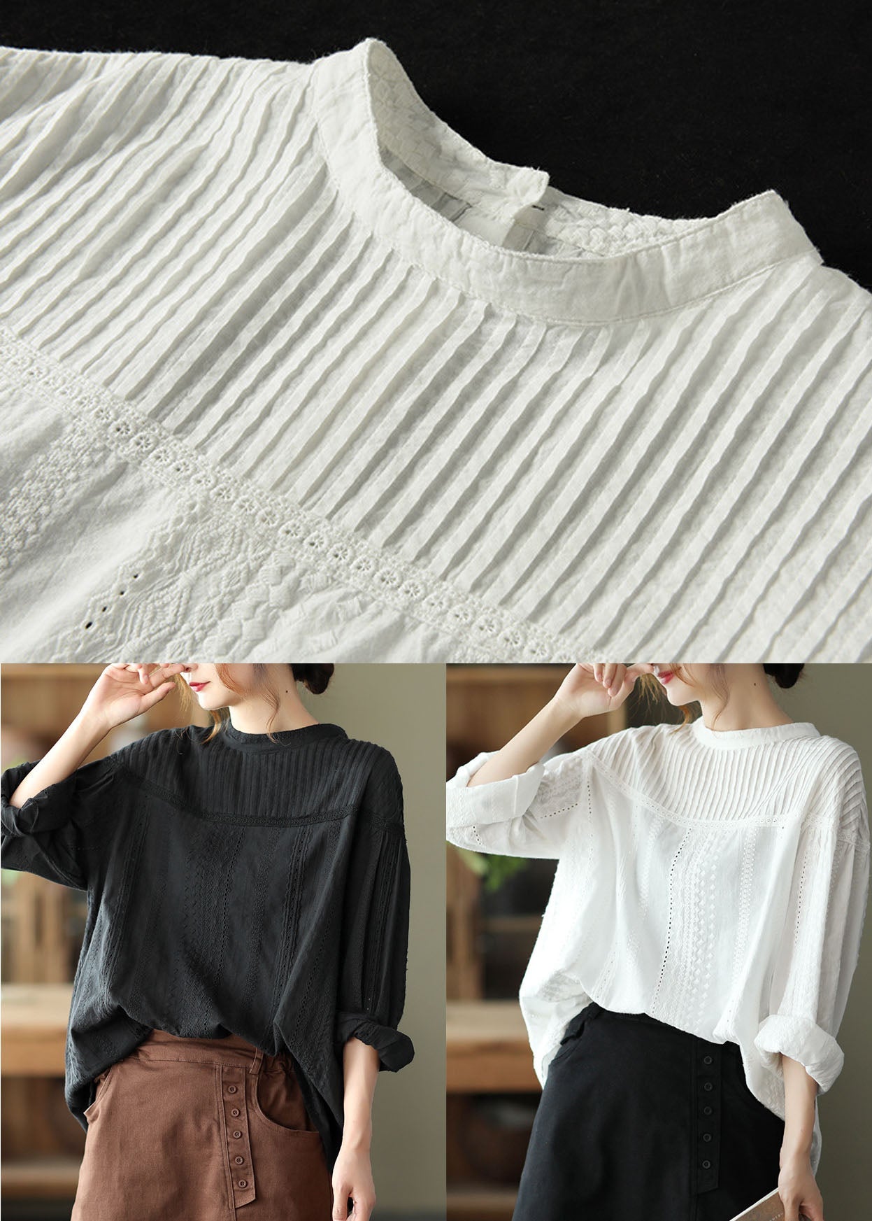Black Hollow Out Wrinkled Cotton Shirt Top Spring