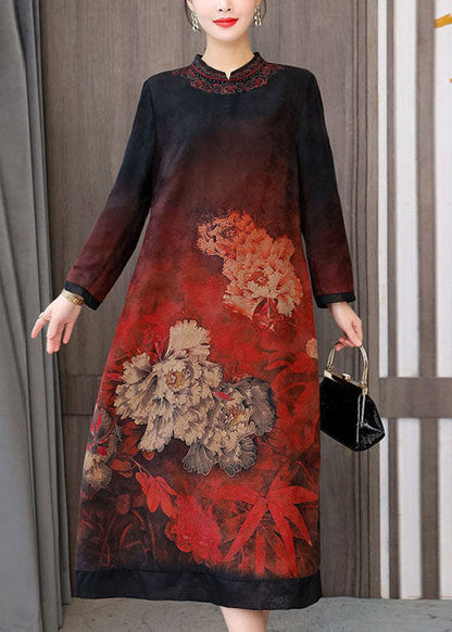 Red Zip Up Print Silk a Line Dresses Fall