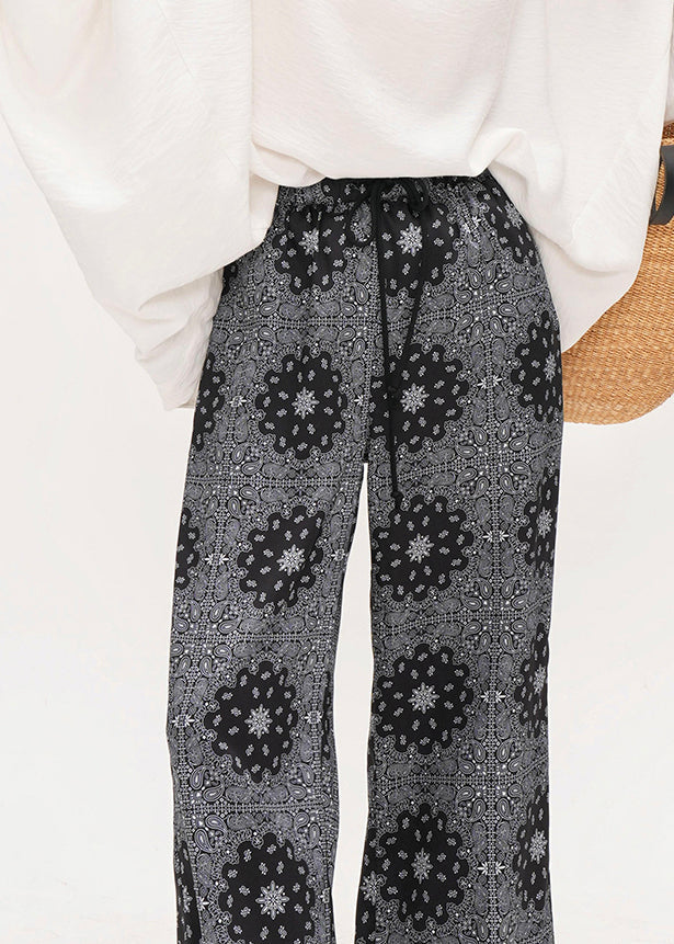 Grey Elastic Waist Print Cotton Straight Pants Summer