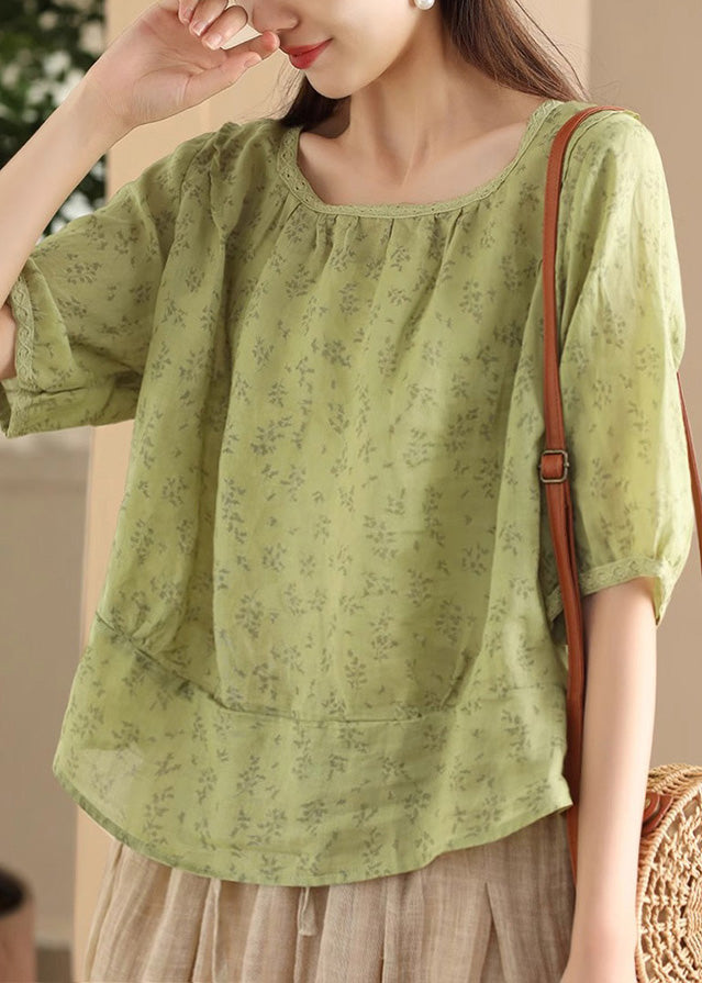 Green Print Wear on Both Sides Linen Shirt Button Half Sleeve