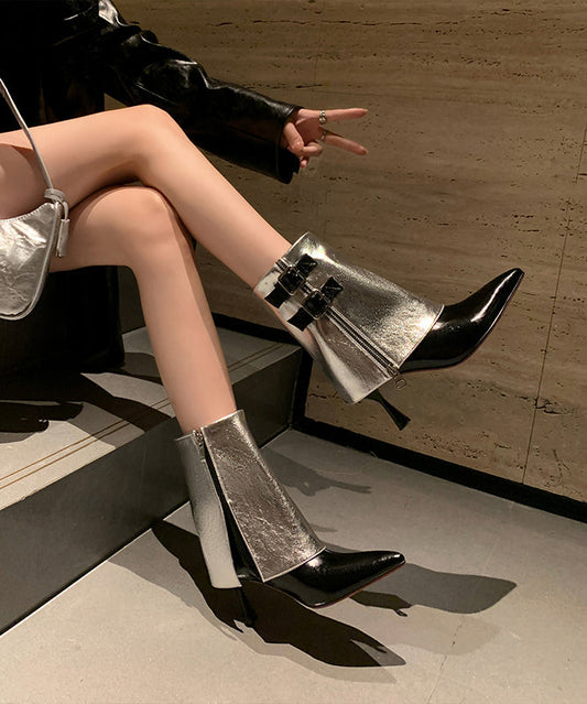 Silver Cowhide Leather Splicing Zippered Stiletto Boots