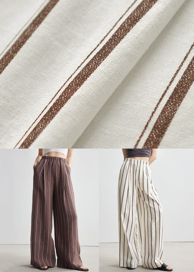 Art Brown Striped Pockets Elastic Waist Linen Pants Fall