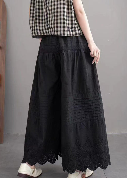 Art Black Embroidered Cotton Wide Leg Pants Summer