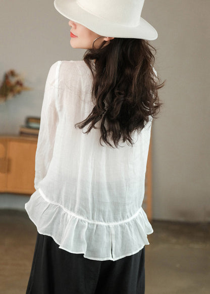 White Patchwork Ruffles Linen Shirt Top Three Quarter Sleeve