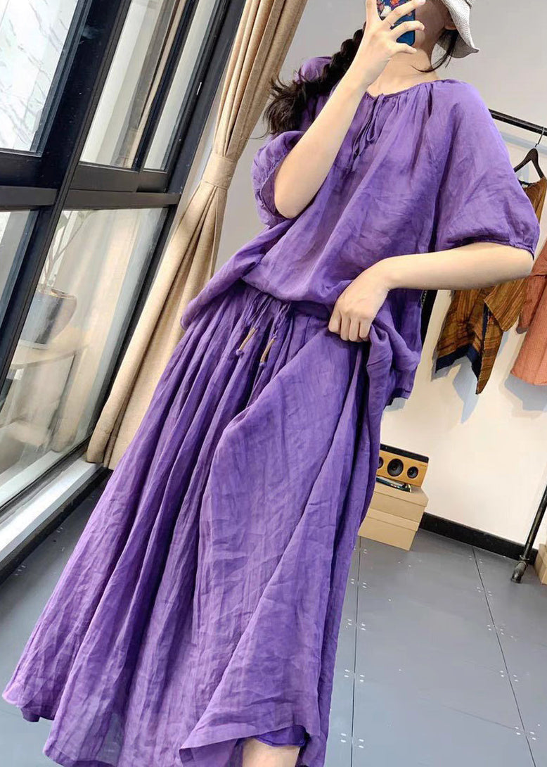 Loose Purple O-neck Tops and Skirts Cotton Two Pieces Set Summer