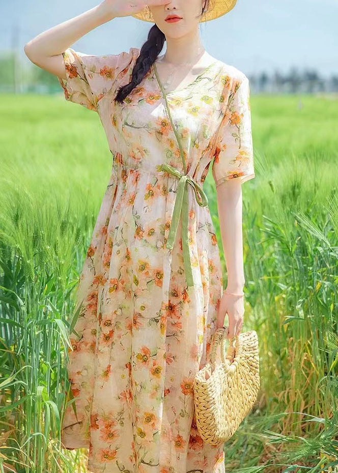 V Neck Print Drawstring Linen Dresses Summer