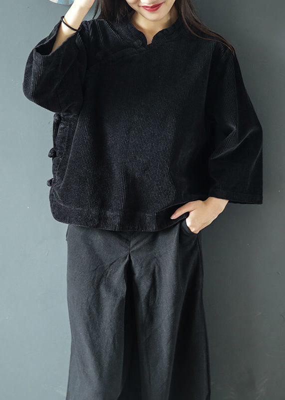 Red Stand Collar Button Corduroy Blouse Top Spring