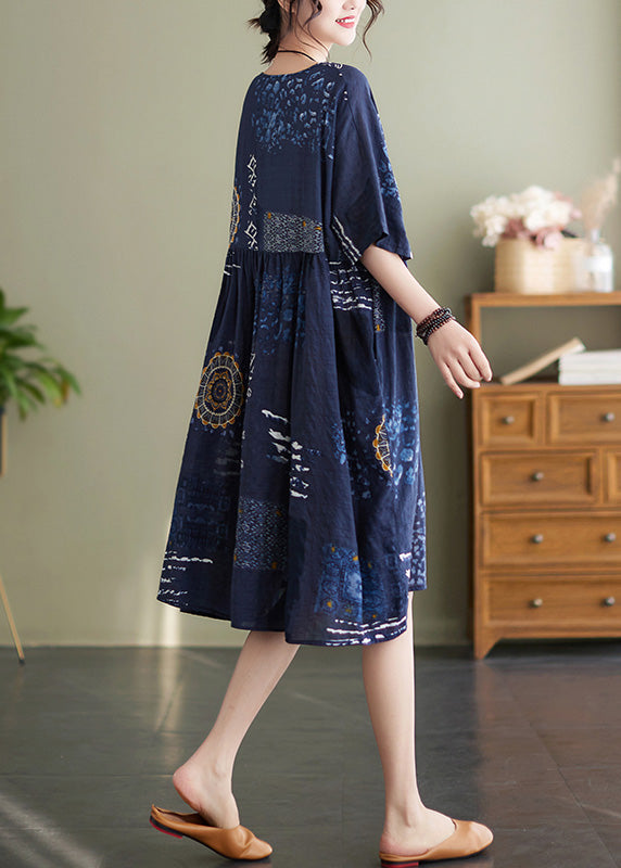 Handmade Blue O-neck Print Wrinkled Vacation Maxi Dresses Summer