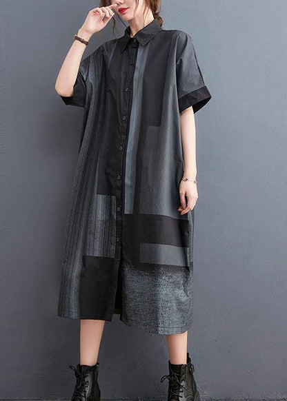 French Grey Black Peter Pan Collar Button Summer Half Sleeve Vacation Dress
