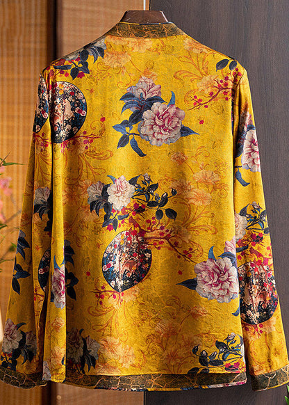 Oriental Yellow Stand Collar Button Silk Shirt Tops Long Sleeve