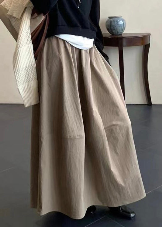 Simple Khaki Pockets Elastic Waist Cotton Skirts Fall
