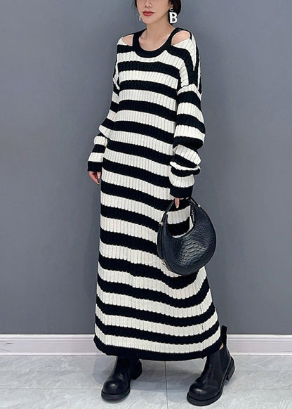 Black Striped Side Open Patchwork Knit Cardigan Fall