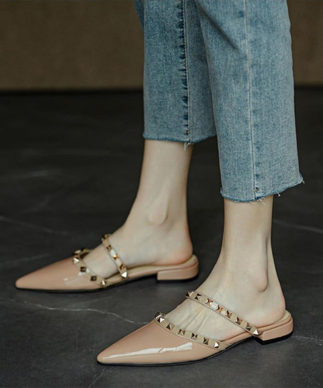 White Rivet Pointed Toe Cowhide Leather Slide Sandals