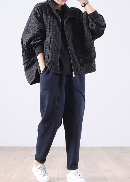 Black Zip Up Pockets Polyester Jackets Spring