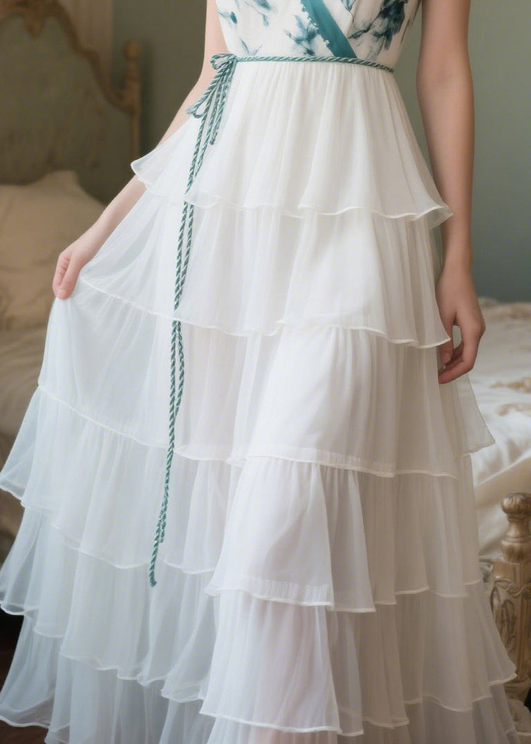 French White Tie Waist Print Chiffon Maxi Dresses Summer