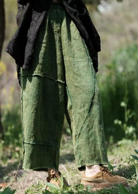 Green Pockets Elastic Waist Linen Crop Pants Summer