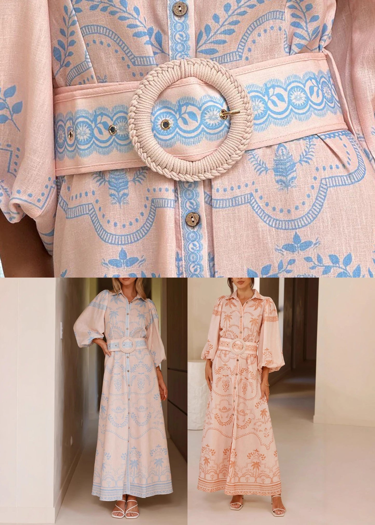 Blue Print Maxi Linen Dresses Lantern Sleeve Fall