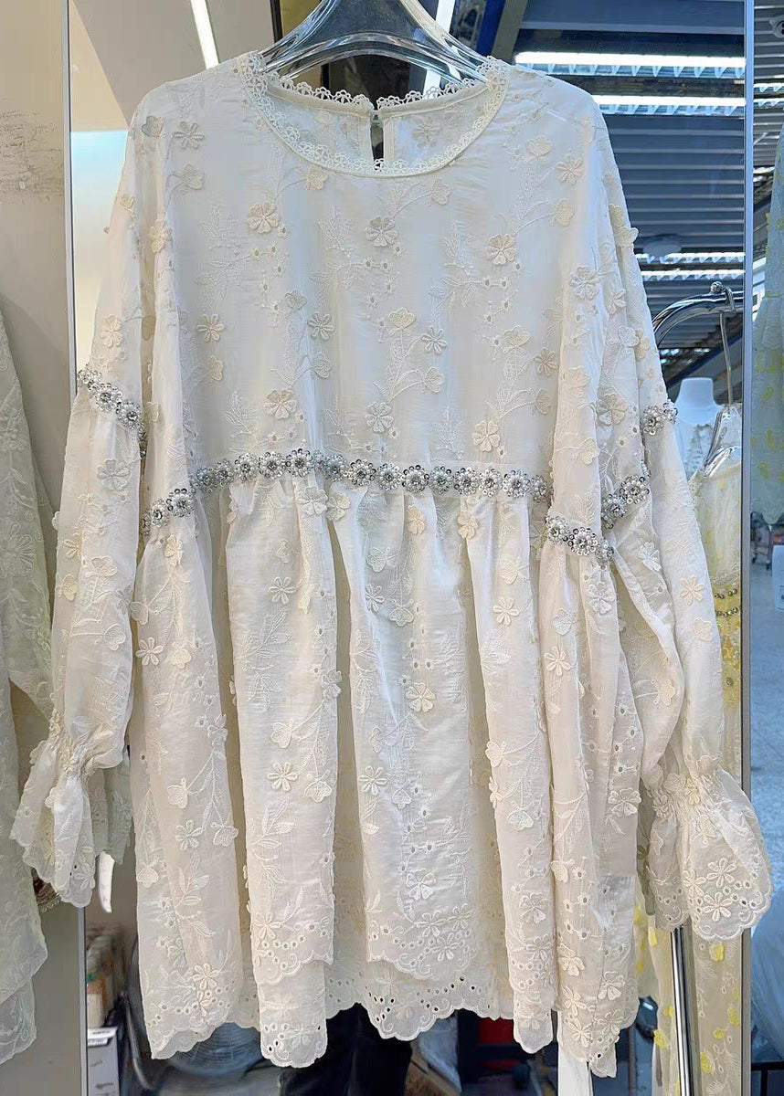 Pink Hollow Out Nail Bead Cotton Blouse Flare Sleeve
