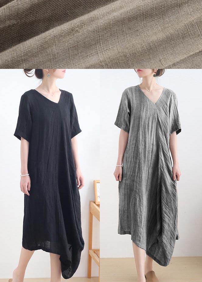 Diy Khaki Asymmetrical Design V Neck Long Summer Linen Dress