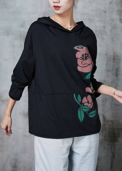 Black Patchwork Cotton Sweatshirt Oversized Spring
