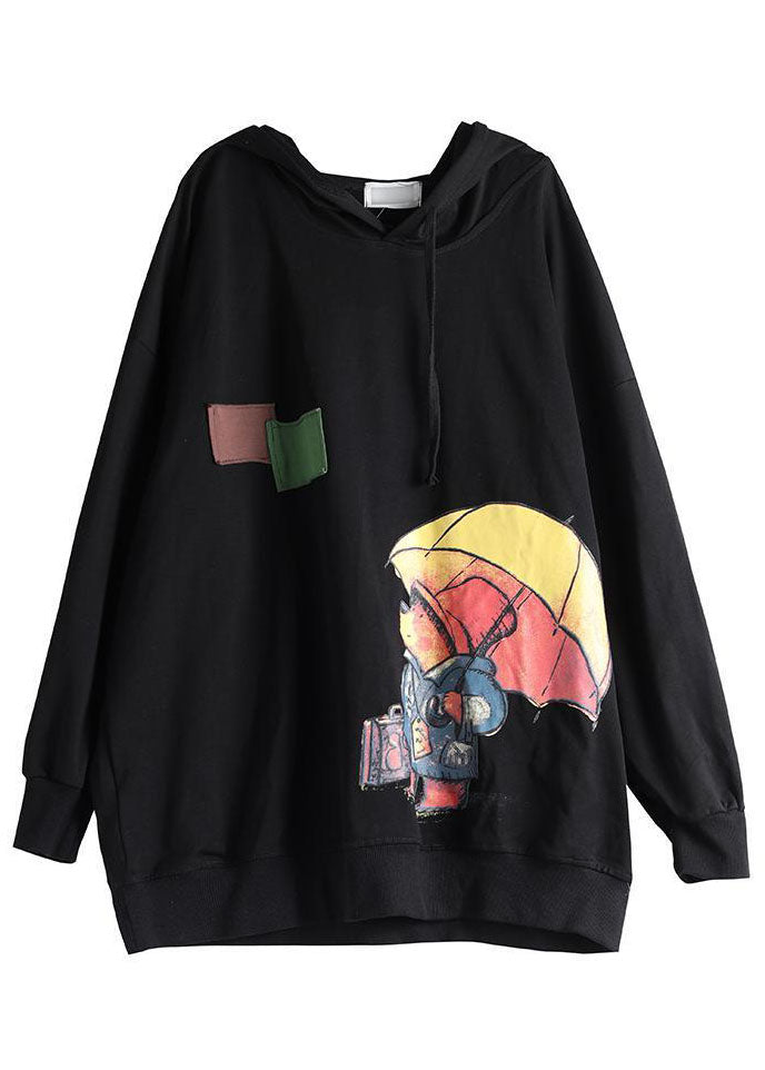 Black Hooded Cotton Sweatshirt Street Wear Spring