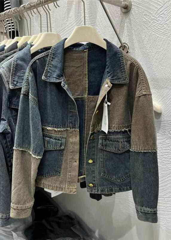 Colorblock Peter Pan Collar Button Pockets Denim Coats Fall