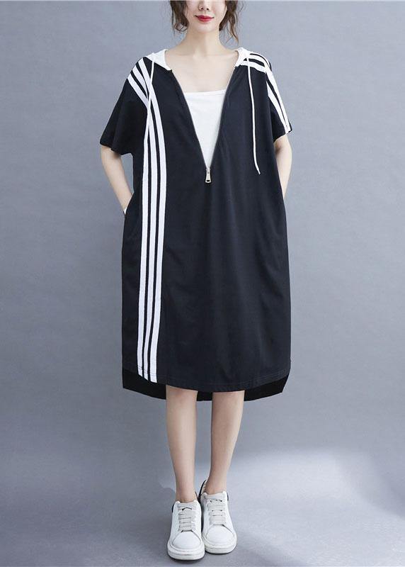 French Black Patchwork Striped Low High Design Ankle Dress Summer