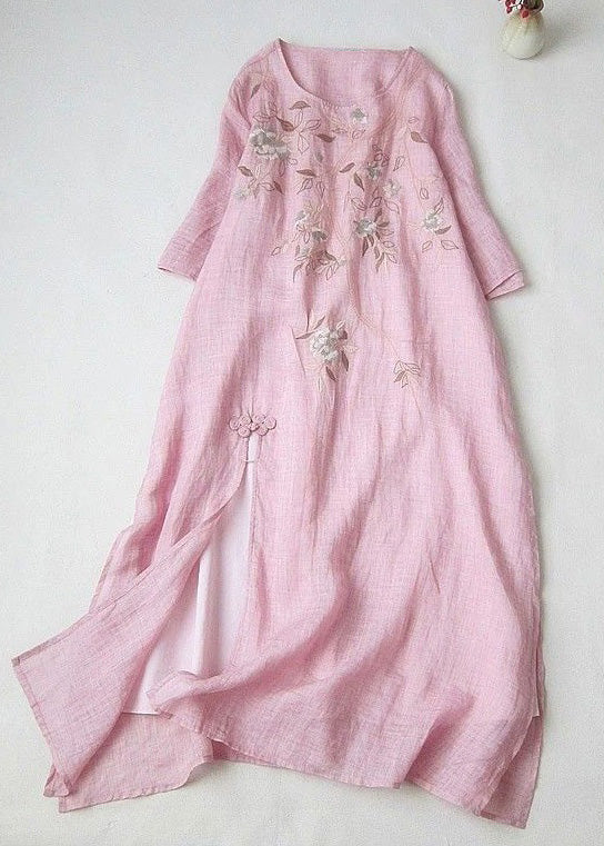 Pink Print Side Open Cotton Long Dress Summer