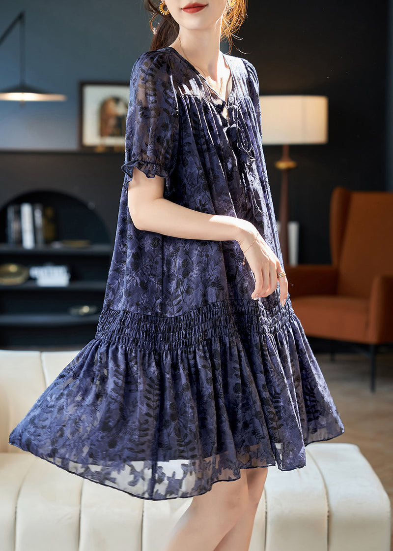 Navy V Neck Print Patchwork Chiffon Dress Summer