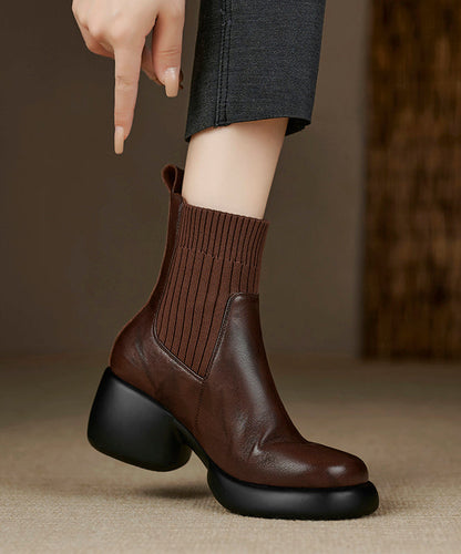 Black Elastic Fabric Splicing Cowhide Leather Chunky Boots
