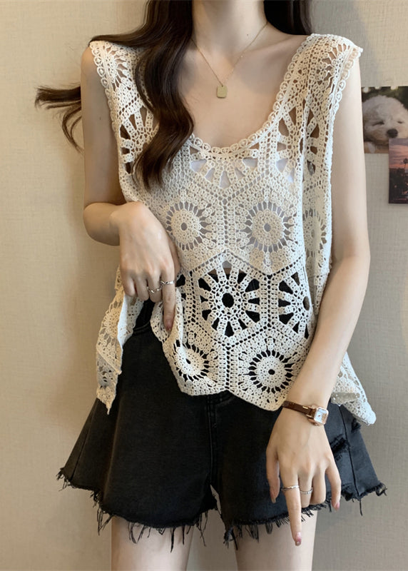 White Hollow Out Oversized Knit Vests Summer