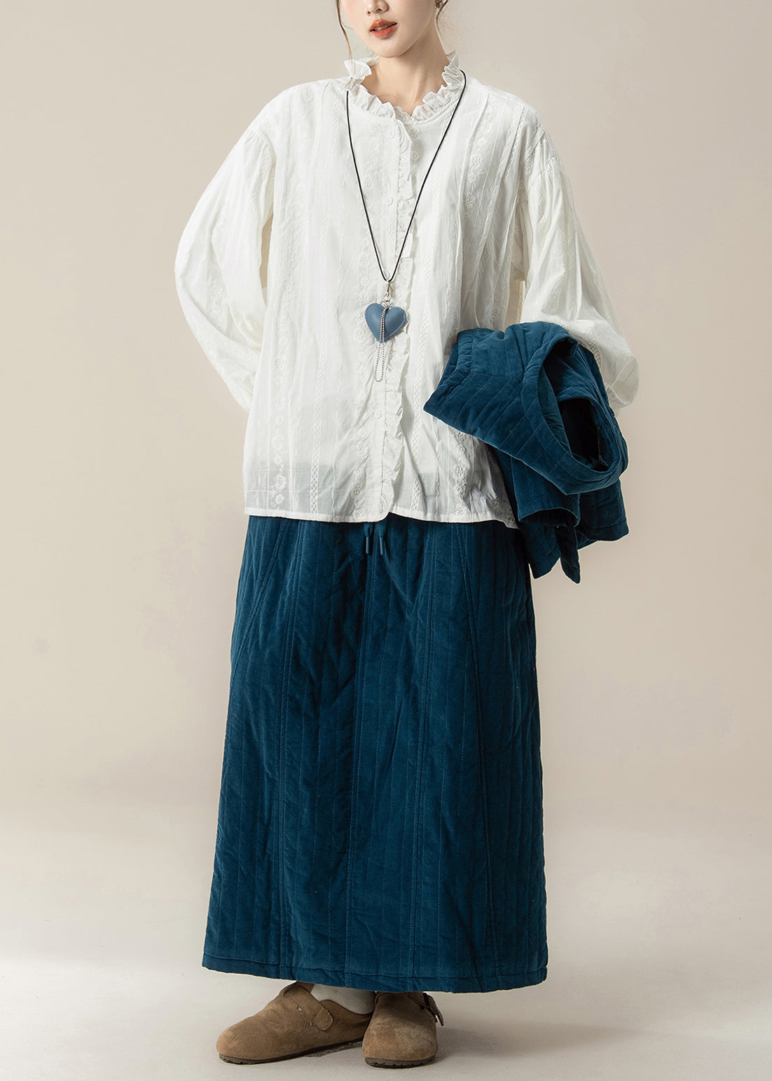 Blue O-neck Thick Waistcoat ,shirts and Maxi Skirts Three Pieces Set Lantern Sleeve